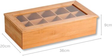 Чайна коробка з 10 відділеннями та оглядовим віконцем, матеріал бамбук, розміри Ш 36 x Г 20 x В 9 см, колір коричневий 58901 13 36 x 20 x 9 см коричневий