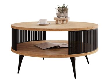 Журнальний столик з полицею, кругла форма, металеві ніжки, журнальний столик, столики для вітальні, приставний столик, столик для дивана, чайний столик (дуб Craft Gold, чорний) Чорний дуб Craft Gold, 24 Rajkon