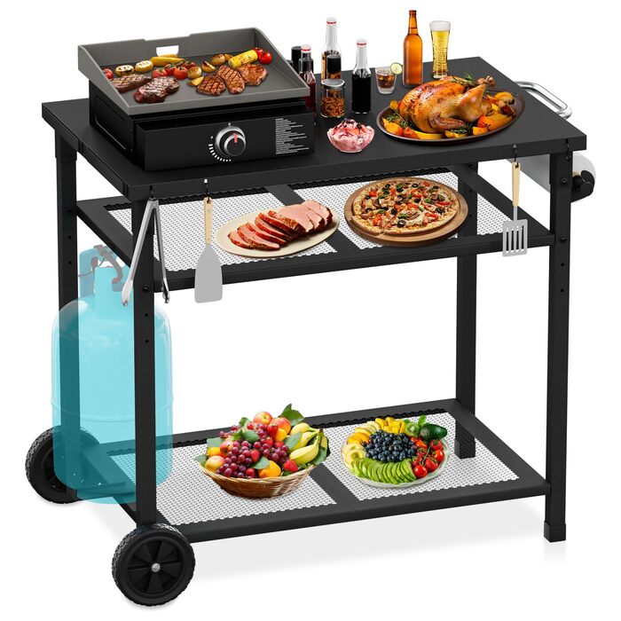 Візок для гриля на відкритому повітрі/стіл для гриля - Мобільний стіл-підставка для піци з колесами, стіл-візок для їжі на відкритому повітрі з двома сітчастими стійками для домашніх вечірок, кемпінгу та використання на свіжому повітрі