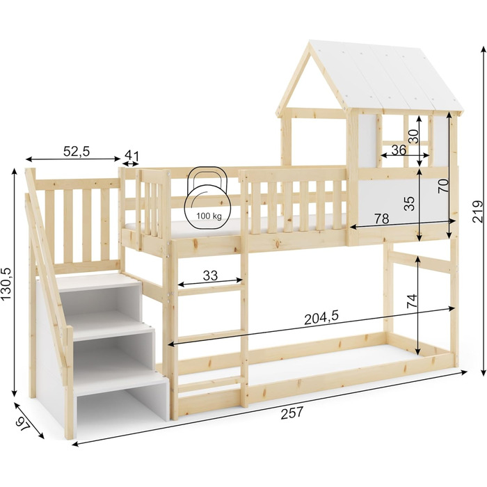 Ліжко-горище Interbeds 200x90 см з гіркою та сходами Двоярусне ліжко Дерев&39яне ліжко Дитяче ліжко з рейковою основою Ігрове ліжко (зі сходами)
