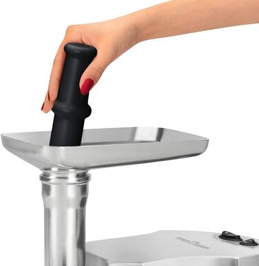 Електрична м'ясорубка Profi Cook PC-FW 1172, 1800 Вт, для м'яса, ковбас та печива, 2 кг/хв, з насадками для ковбас, кеббе та 3 сталевими дисками, нержавіюча сталь, срібляста