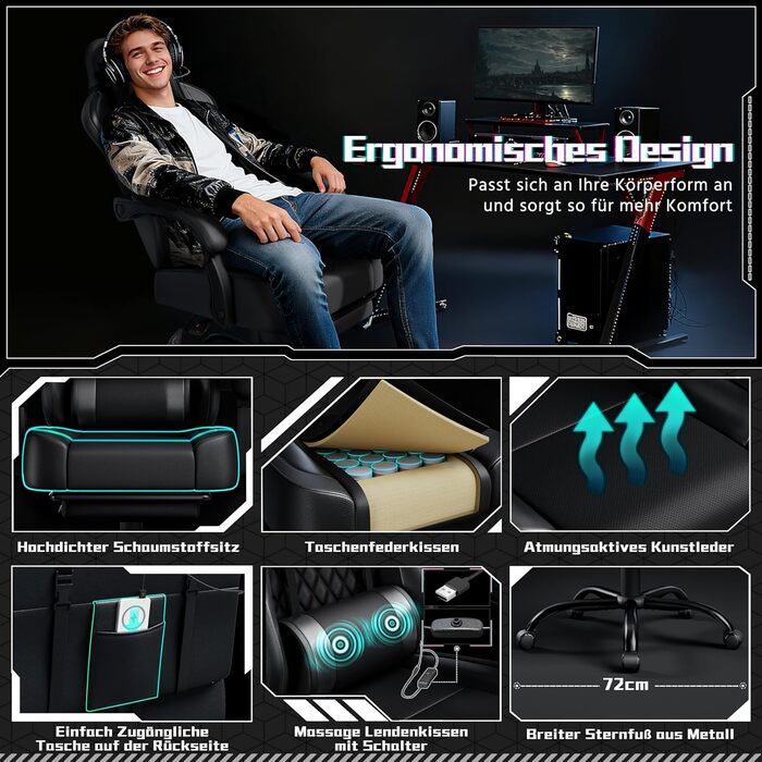 Ігрове крісло Yaheetech, ергономічне ігрове крісло з функцією масажу та висувною підставкою для ніг, регульована спинка, регульована висота, комп&39ютерне крісло, обертове крісло (чорне)