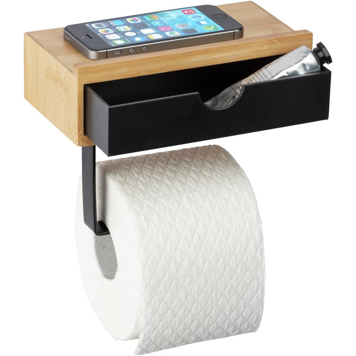 Тримач для рушників WENKO Mod. Bambusa з бамбуковою полицею та шухлядою, вкл. кріпильний матеріал, натуральний/чорний Одномісний