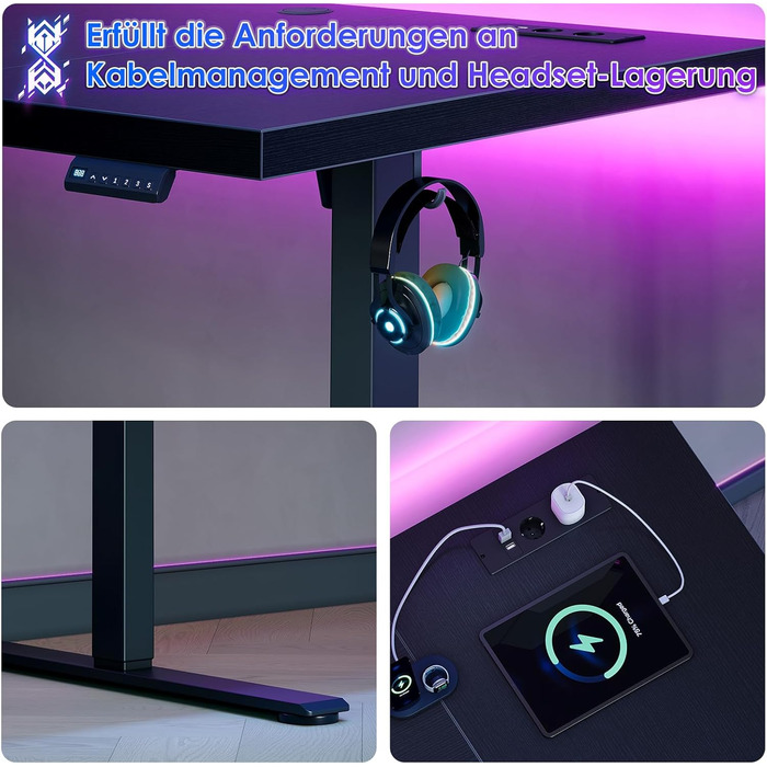 Стіл OffiGo з регульованою висотою 180x70 см, стільниця 35 мм, електричний стіл з розеткою, стіл для роботи стоячи з міцними Т-подібними ніжками, ідеальна ергономіка для офісу, ігор, чорний 180 x 70 см (35 мм)