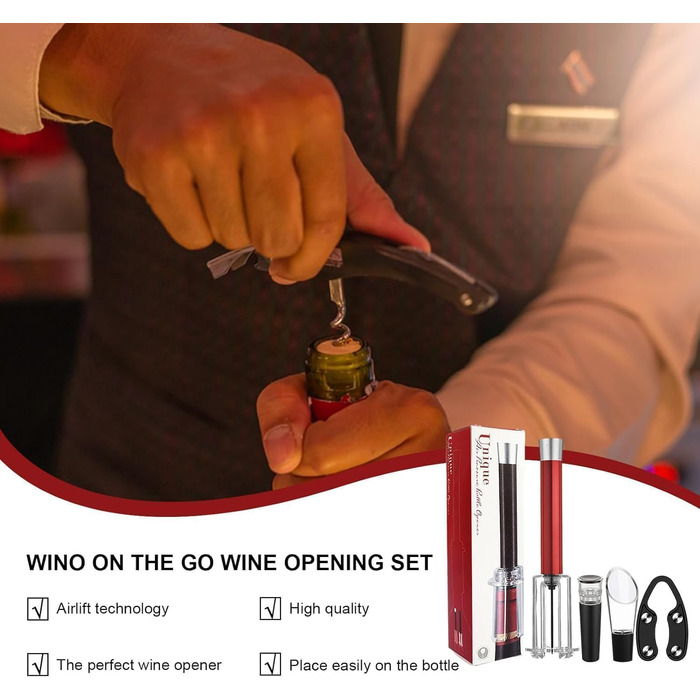 Набір для відкривання вина Wino on The Go, насос повітряного тиску, відкривачка для пляшок вина, легкий знімач пробки, штопор, штопор, відкривачка для вина, ручка з алюмінієвого сплаву (червона)