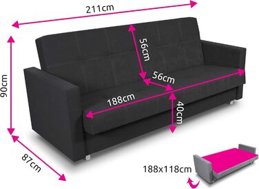 Розкладний диван Suedine Dave - Диван з функцією сну та ящиком для зберігання речей, ліжко, вибір кольорів, розкладний диван, диван від виробника, клік-клак (Сірий (Suedine 06))