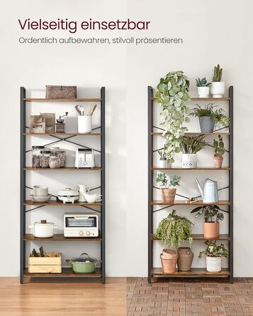 Полиця, книжкова шафа, полиця для стоячого монтажу, полиця для DVD, з 6 полицями, офісна полиця, відкриті полиці, для офісу, вітальні, спальні, кухні, 30 x 78 x 185,5 см, вінтажний коричневий-чорний LLS082B01 30 x 80 x 186 см Вінтажний коричневий чорний