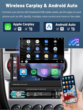 Бездротова автомобільна стереосистема Apple Carplay з екраном Камера заднього виду 7 Автомобільна радіостанція з ручним розширюваним дисплеєм з бездротовим Android Auto Mirror Link FM-радіо Bluetooth SWC USB Type-C Мікрофон 7'CAM3, 1 Din