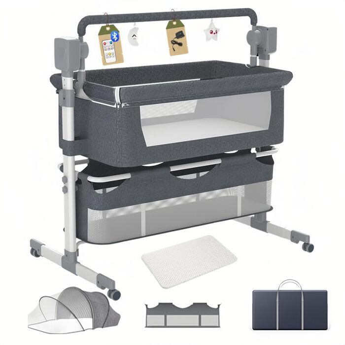 Дитяче ліжечко, дитяча колиска з колесами, дихаюча сітчаста тканина, матрац та москітна сітка, безпечна та стійка конструкція, дитяче ліжко з 5 режимами гойдання (сіре)