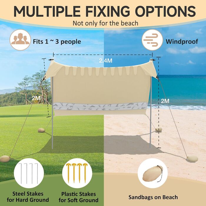Сонячний намет VILLEY 2 м x 2,4 м, хакі, пляжний намет з лайкри з захистом від ультрафіолету UPF50 для 3 осіб, пляжна парасолька з мішком з піском та 2 опорними жердинами для пікніків, риболовлі, сонцезахисний, хакі