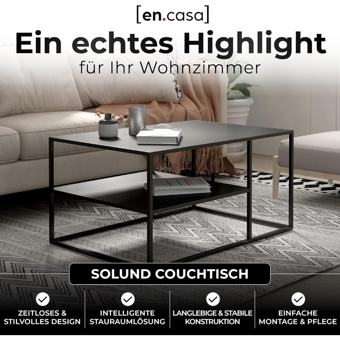 Журнальний столик Solund, приставний столик, металевий, чорний, стіл для вітальні з місцем для зберігання, 90 x 60 x 45 см, прямокутний диван-столик, журнальний столик, чорний, 90 x 60 x 45 см - 1 полиця