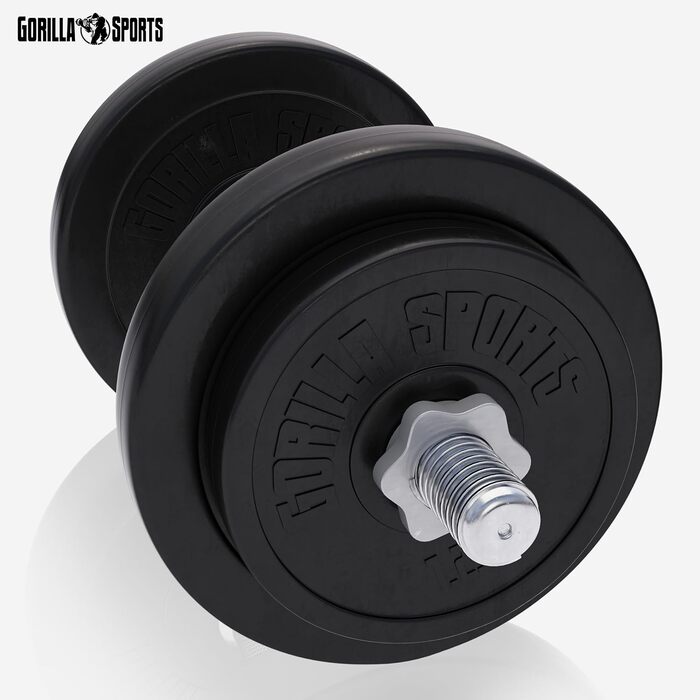 Набір гантелей GORILLA SPORTS 20 кг/30 кг - Комплект з 2 шт., Ø 30 мм, 2 грифи для гантелей, з 4-зірковими хомутами, рифлена ручка, виготовлені з пластику