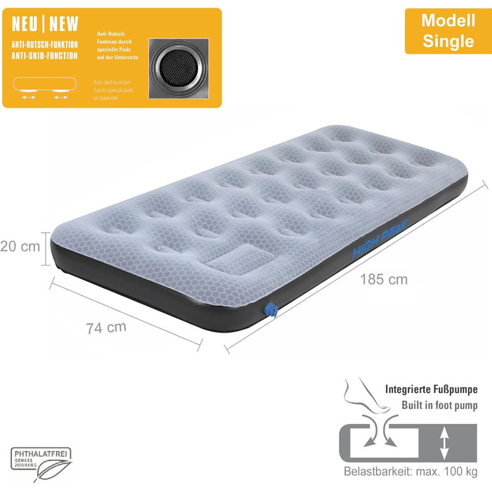 Надувний матрац High Peak Comfort Plus - Надувний матрац для кемпінгу, ліжко для гостей, килимок для сну, насос, 185 x 74 x 20 см