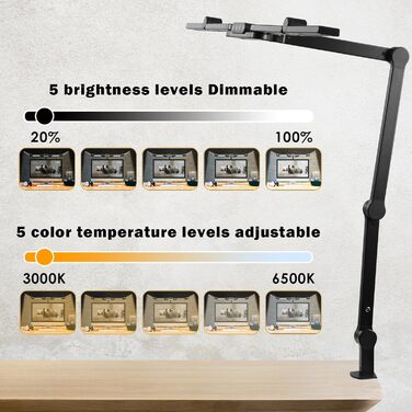 Настільна лампа LED з регулюванням яскравості, 24 Вт 5-головкова затискна настільна лампа для захисту очей Настільна лампа Лампа денного світла для працівника в офісі Читач Архітектор Кравець Чорний