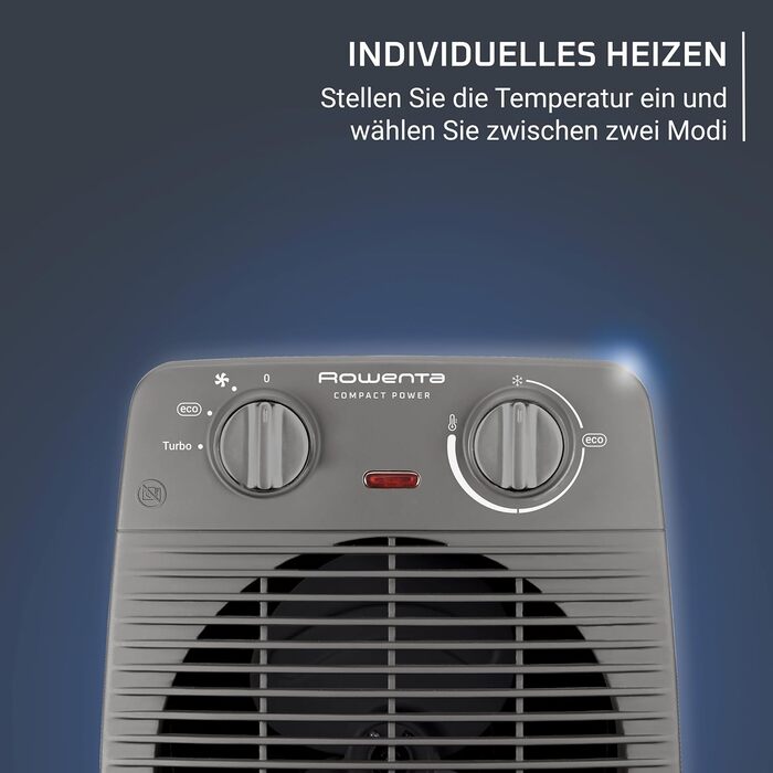 Компактний вентилятор-обігрівач Rowenta, 2 рівні потужності, компактні розміри, термостат, режим охолодження, ручка для перенесення, сірий, SO2212F0, світло-сірий
