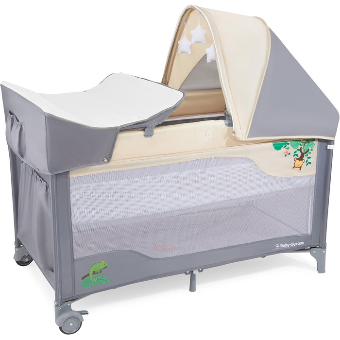 Дорожнє ліжечко-манеж Moby-System Huxley 2-в-1 з пеленальною підкладкою, 2 матрацами, москітною сіткою, сумкою для перенесення - для дітей від 0 до 36 місяців, 128x68x75 см, сірий/рожевий