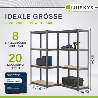 Комплект полиць для зберігання Juskys з 2 предметів Easy 2 шт. 160x80x40 см (ВxШxГ) - вантажопідйомність 640 кг - 8 полиць - металева надміцна полиця, полиця для підвалу, полиця без болтів, система полиць, металева полиця, сірий