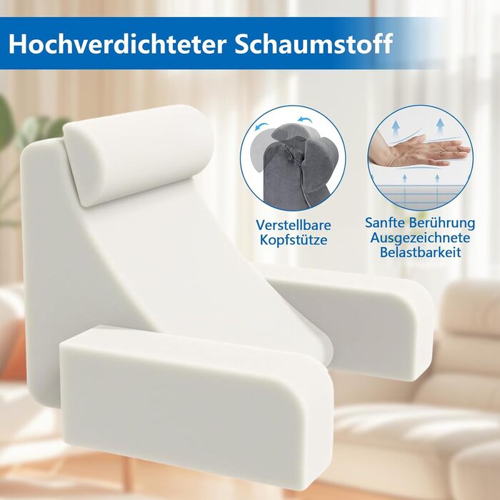 Подушка для спини, подушка для читання для ліжка та дивана зі знімними підлокітниками та підголівником, підтримка спини для дорослих, клиноподібна подушка з чохлом, який можна прати, подушка для спини для читання/гри/перегляду телевізора, сіра