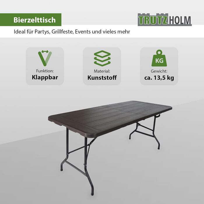 Стіл-фуршет TRUTZHOLM, розкладний стіл, 180 x 75 см, імітація дерева, складаний, пластик, садовий стіл, стіл для пивного намету, кемпінговий стіл, стіл для вечірки, приставний столик