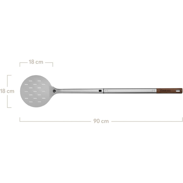 Кругла, лопата з перфорованого алюмінію з ручкою з дерева акації та штепсельним механізмом, термостійкий для печі для піци 95 см x