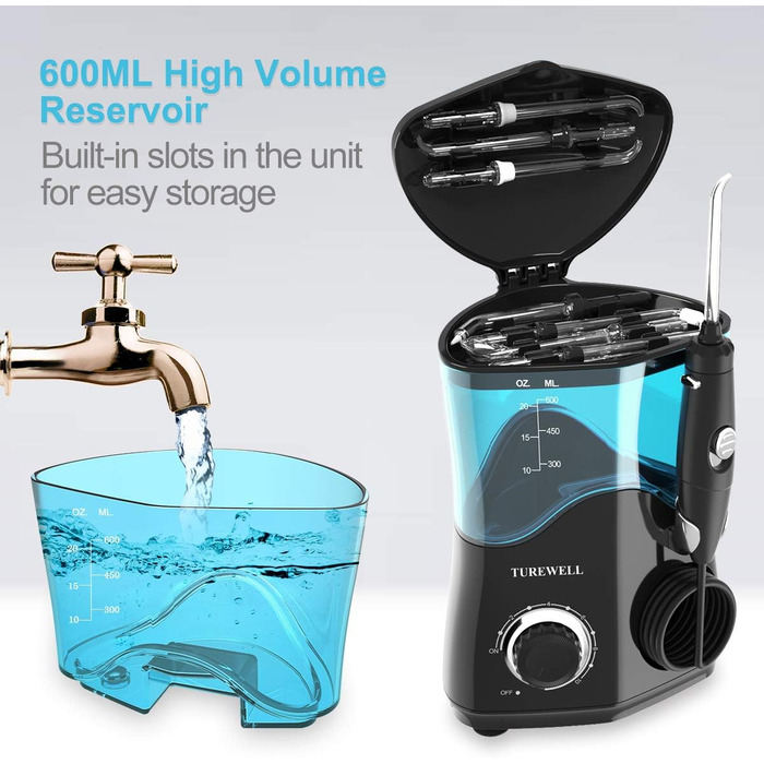 Електричний іригатор для ротової порожнини, професійний з 10 рівнями регулювання тиску води, резервуаром на 600 мл та 8 багатофункціональними насадками (Чорний)