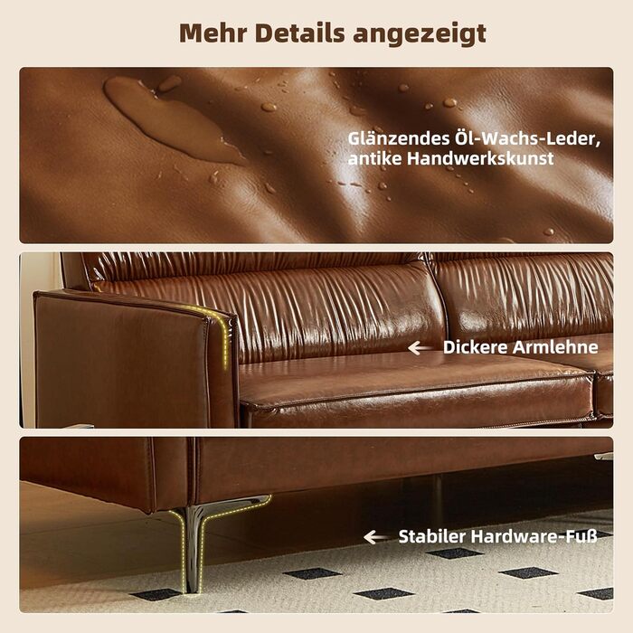 Місний диван під вінтажну шкіру Компактний диван зі штучної шкіри з ґудзиками, металевими ніжками та прямими підлокітниками, коричневий Ретро-диван для вітальні, офісу або невеликої квартири (гладка версія) 220 см гладка версія, 3-