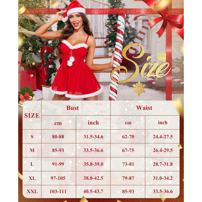 Різдвяна білизна RSLOVE для жінок - пеньюар з помпонами зі штучного хутра, костюм Санта-Клауса, сексуальна білизна на Різдво, розмір L, червоний