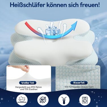 Подушка для шиї, подушка з піни з ефектом пам&39яті для сну на боці, спині та животі, ергономічна подушка для підтримки шиї з охолодженням, чохол, який можна прати, сертифікована Oeko-TEX, синьо-білий колір