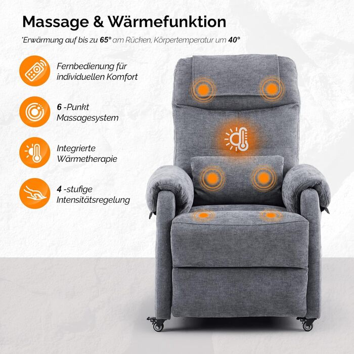Крісло Bonnlo Recliner, електричне масажне крісло з функцією відкидання, крісло для телевізора, 2-точковий масаж та функція підігріву, порти USB-C та USB-A, 1 бічна кишеня (тканина шеніл, темно-сірий)
