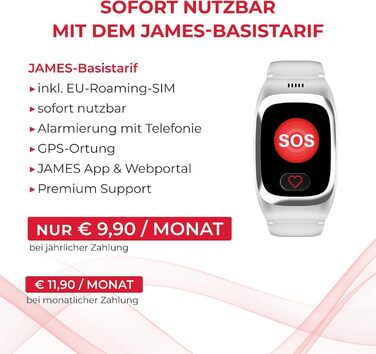 Годинник James B8 для екстрених випадків та безпеки для людей похилого віку GPS, виявлення падіння, кнопка SOS, монітор серцевого ритму, функції для здоров&39я, сімейний додаток, гучний будильник чорний/білий вкл. SIM-картку та 2 місяці безкоштовного тари