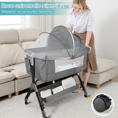 Дитяче ліжечко Kedia, зі сплячим місцем на боці, дитяче ліжко з москітною сіткою, дорожнє ліжечко з колесами, 4 регулювання висоти, дитячі ліжечка-колиска, 104 * 52 * 103-115 см (сіре)