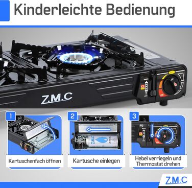 Туристична плита ZMC Premium з 2 конфорками, 2,5 кВт, п&39єзоелектричним запалюванням та футляром для перенесення Подвійна газова плита для використання на вулиці, балконі та в приміщенні Комплект газової плити (додатково) включає пластину для гриля 45x24