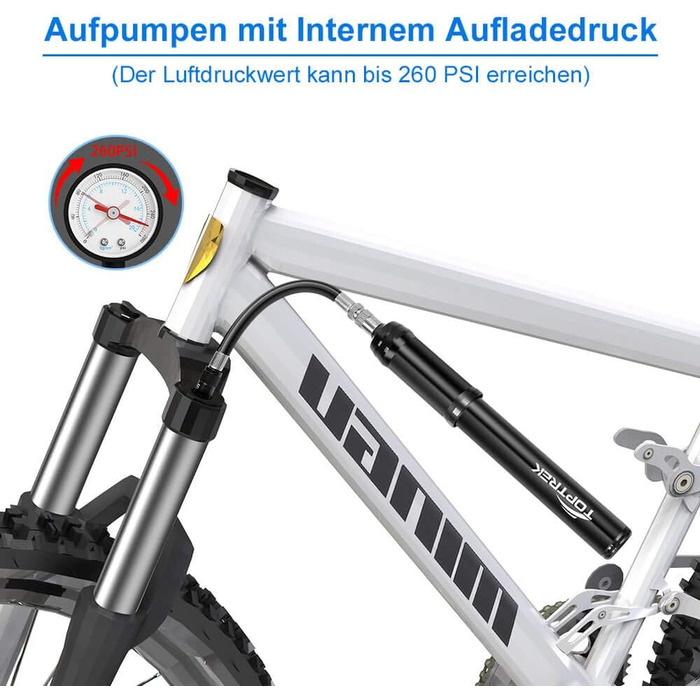 Міні-велосипедний насос Toptrek 260PSI, сумісний з усіма клапанами (Presta та Schrader), малий велосипедний насос для гірських велосипедів, шосейних велосипедів, електровелосипедів, гірських велосипедів