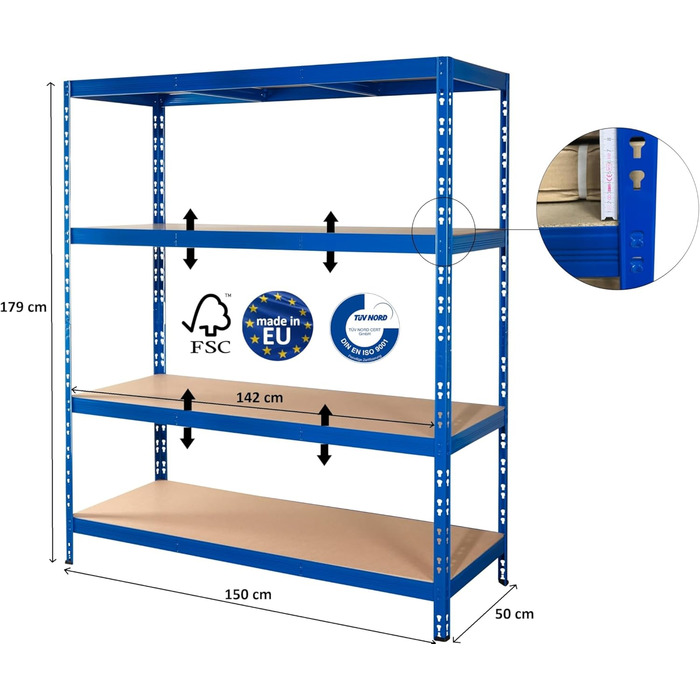 Міцний стелаж CALLIDUS 150 x 50 см I Lyon blue I металевий стелаж, полиця для зберігання, стелаж без болтів, полиця для підвалу