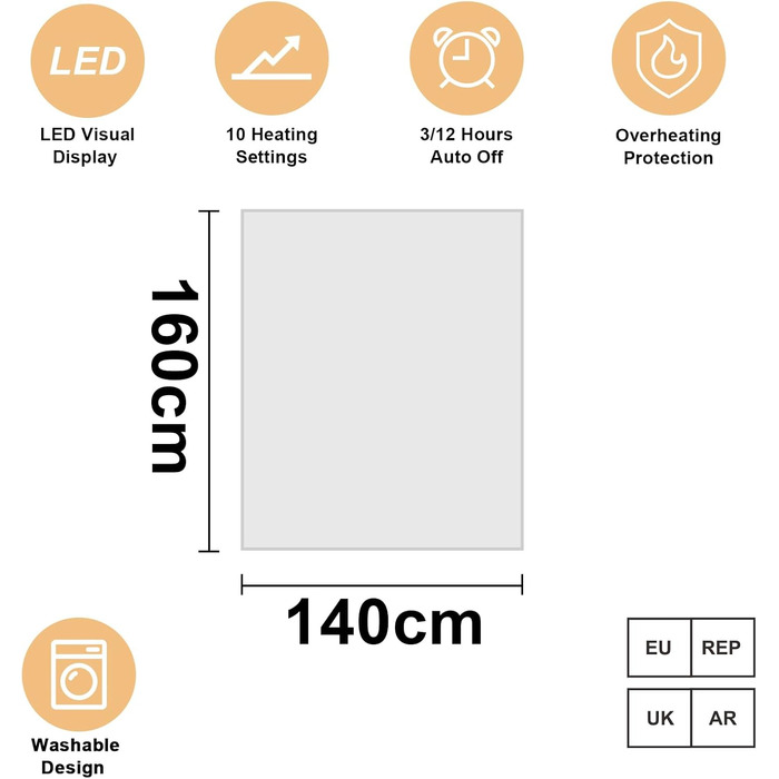 Підігріта ковдра DOEL 160x140 см, подвійна підігріта підковдра з 10 режимами нагріву, електрична підігріта ковдра з автоматичним вимкненням 3/12 годин, підігрів матраца, який можна прати в пральній машині, 220-230 В, 50-60 Гц, 115 Вт, білий