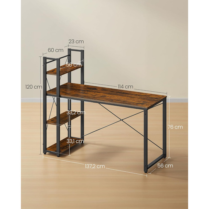 Стіл VASAGLE, комп'ютерний стіл з полицями праворуч або ліворуч, офісний стіл шириною 137,2 см, для навчання, домашнього офісу, пр