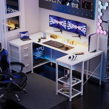 Ігровий кутовий стіл JUMMICO L-подібний, 170x95см, з LED-підсвіткою, регульованою підставкою для монітора, 3 шухлядами, 2 розетками та 2 USB, сталь та дерево, білий