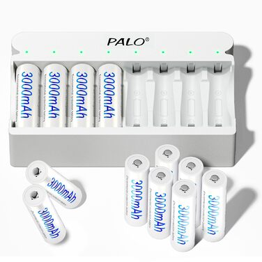 Акумуляторні батарейки типу АА із зарядним пристроєм, 8 слотів, портативна швидка зарядка USB 5V/2A для нікель-металгідридних батарей 1.2V, незалежна зарядка, 12 акумуляторних батарейок типу АА із зарядним пристроєм