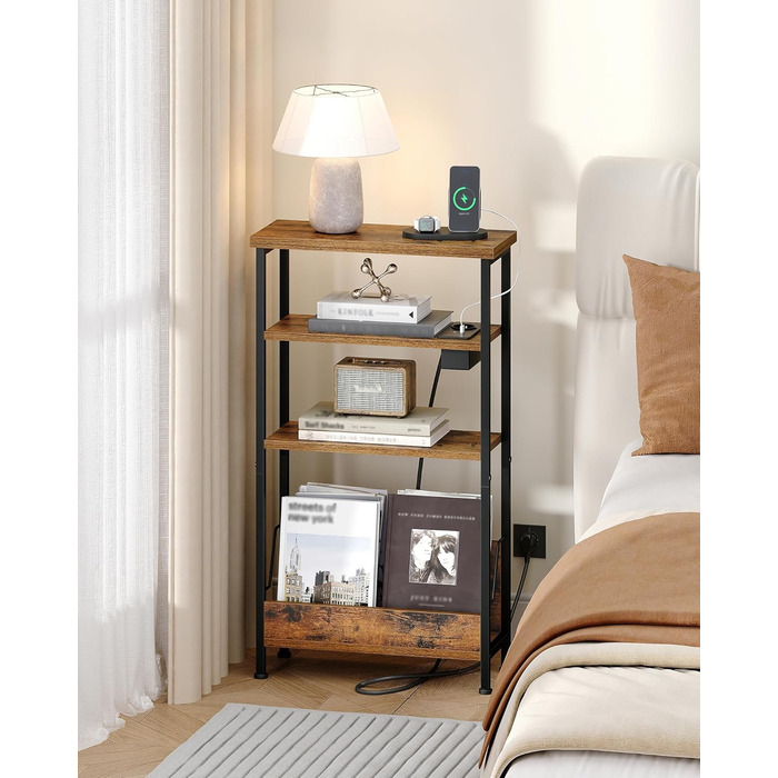 Вузький бічний столик Hzuaneri, 4-ярусний бічний столик для дивана з тримачем для журналів та зарядними розетками, підходить як тумбочка для вітальні або кабінету, вінтажний коричнево-чорний ET40001BEU