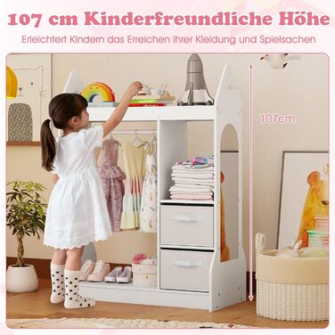 Дитяча шафа COSTWAY з дзеркалом, вішалка для дитячого одягу з рейкою для одягу, 2 шухляди для тканини та гачки, дерев&39яна дитяча шафа з полицями, для дитячої кімнати, 81 x 38 x 107 см (білий) 81 x 38 x 107 см білий