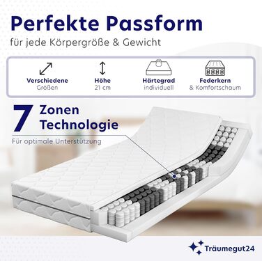 Матрац Trumegut24 з пружинами Pocket Spring 90 x 200 см Висота 21 см Розмір та жорсткість можна вибрати 7-зонна система для ергономічного сну Сертифіковано Oeko-TEX Матрац, що згортається (90x200, H2&H3) 90 x 200 см H2&H3