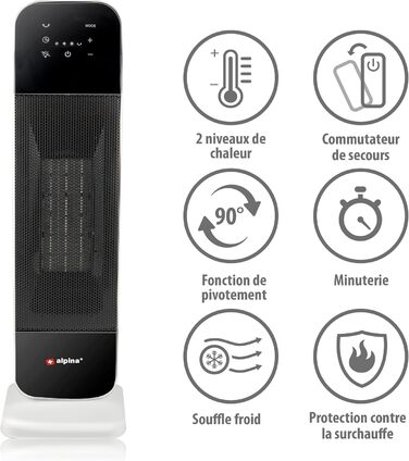 Електричний обігрівач та вентилятор Alpina - коливальний баштовий вентилятор з пультом дистанційного керування та таймером - регульована температура від 15 до 35C - обігрів та охолодження - 20 x 18 x 61 см електричний обігрівач та вентилятор 2000 Вт