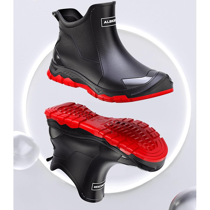 Водонепроникні гумові чоботи Pangolin до щиколотки, чоботи-челсі з ПВХ для саду та щоденного використання, нековзка гумова підошва з протектором, короткі гумові чоботи для жінок та чоловіків, чорно-червоні, EU 45