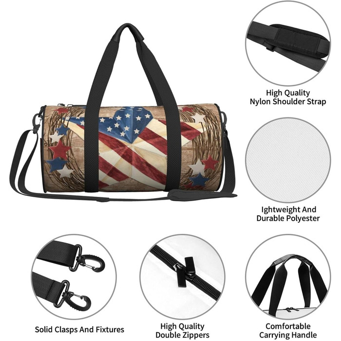 Спортивна сумка для подорожей, дизайн Американський патріотичний принт, Чорний колір, Універсальний розмір