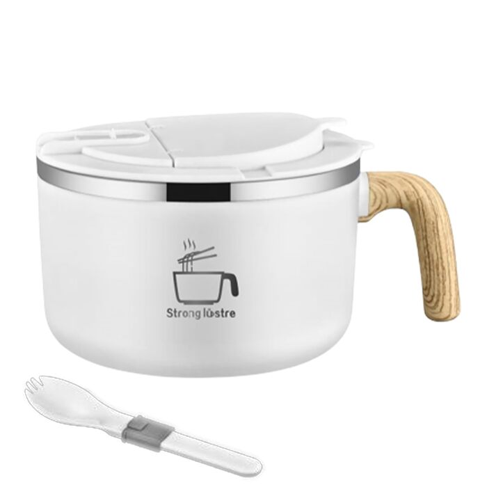 Велика чаша швидкого приготування з нержавіючої сталі 304 об&39ємом 1200 мл, чаша для рамену з кришкою та ложкою, для локшини, пасти, фруктів, салату з пасти та рису (біла)