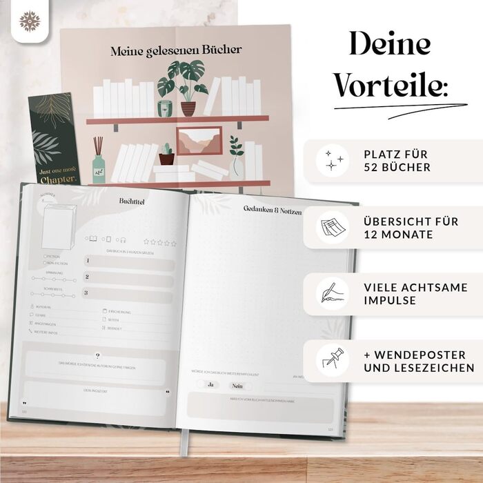 Книжковий клуб LIFE COMPASS - Щоденник читання та книжковий журнал MAGIC - Тверда палітурка DIN A5 Щоденник для дорослих - Трекер читання книжкового клубу - Booktok