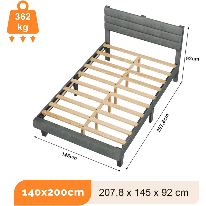 Ліжко Bonnlo з м&39якою оббивкою 140x200 см з регульованим узголів&39ям, ліжко 140x200 з дерев&39яною рейковою основою, оксамит (без матраца) 140x200 см світло-сірий