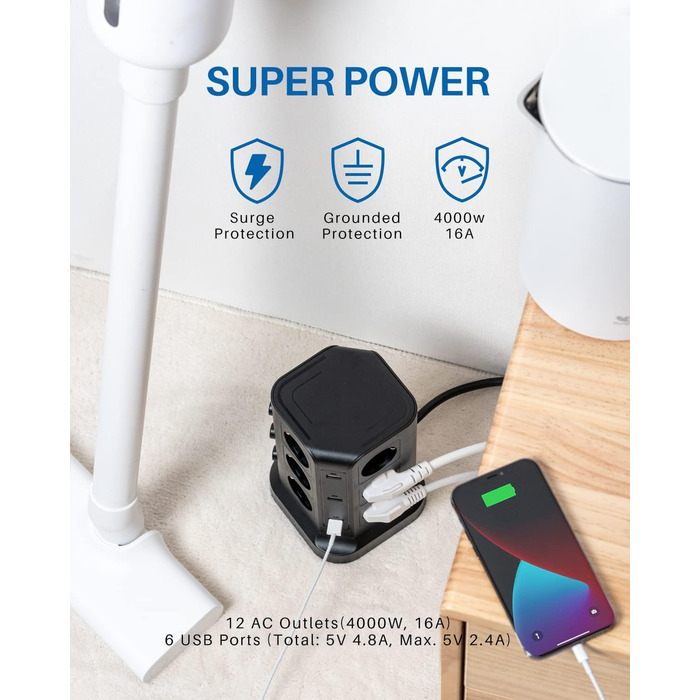 Шляховий подовжувач (4000 Вт/16А), 6 USB-розеток із захистом від перенапруги, індивідуально перемикається розетка для офісного кух