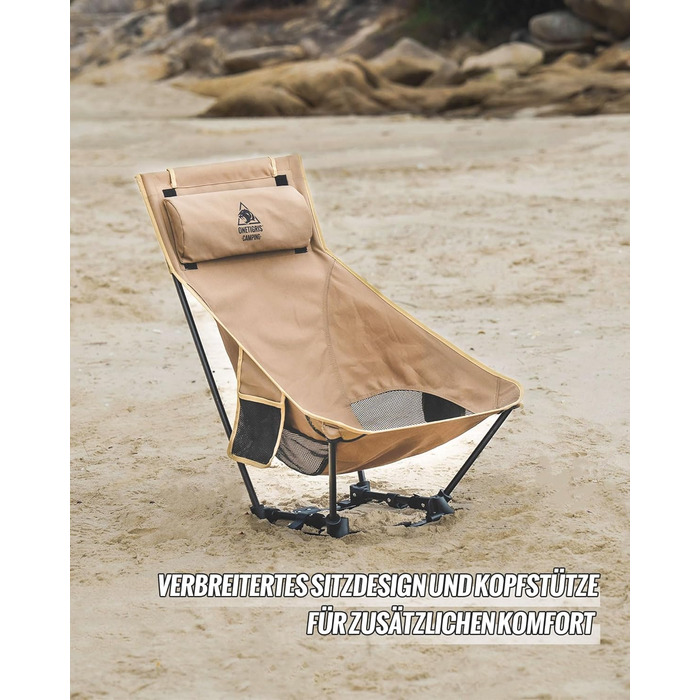 Крісло для кемпінгу OneTigris DRAGONHIDE, висока спинка, складне, вантажопідйомність 125 кг, легке складне кемпінгове крісло, складне рибальське крісло з 2 боковими кишенями, надлегке складне крісло для використання на свіжому повітрі, для походів, коричн