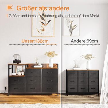 Комод ODK з висувними шухлядами, 2 порти USB та 2 порти змінного струму, 8 тканинних шухляд - підходить для багатофункціонального зберігання речей у спальнях та вітальнях, 132 * 30 * 88 см, вінтажний та чорний